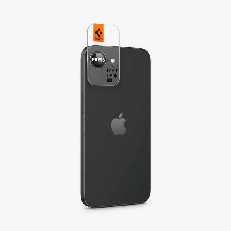 AGL09279 - iPhone 16e Optik Pro EZ Fit Lens Protector in Black showing the back and partial side with the installation tray attached to the camera lens