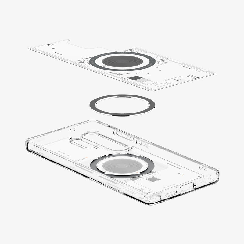 ACS08959 - Galaxy S25 Ultra Case Ultra Hybrid Metal Ring Neo One (MagFit) in Neo One showing the inner layer hovering above the detached magring and the case