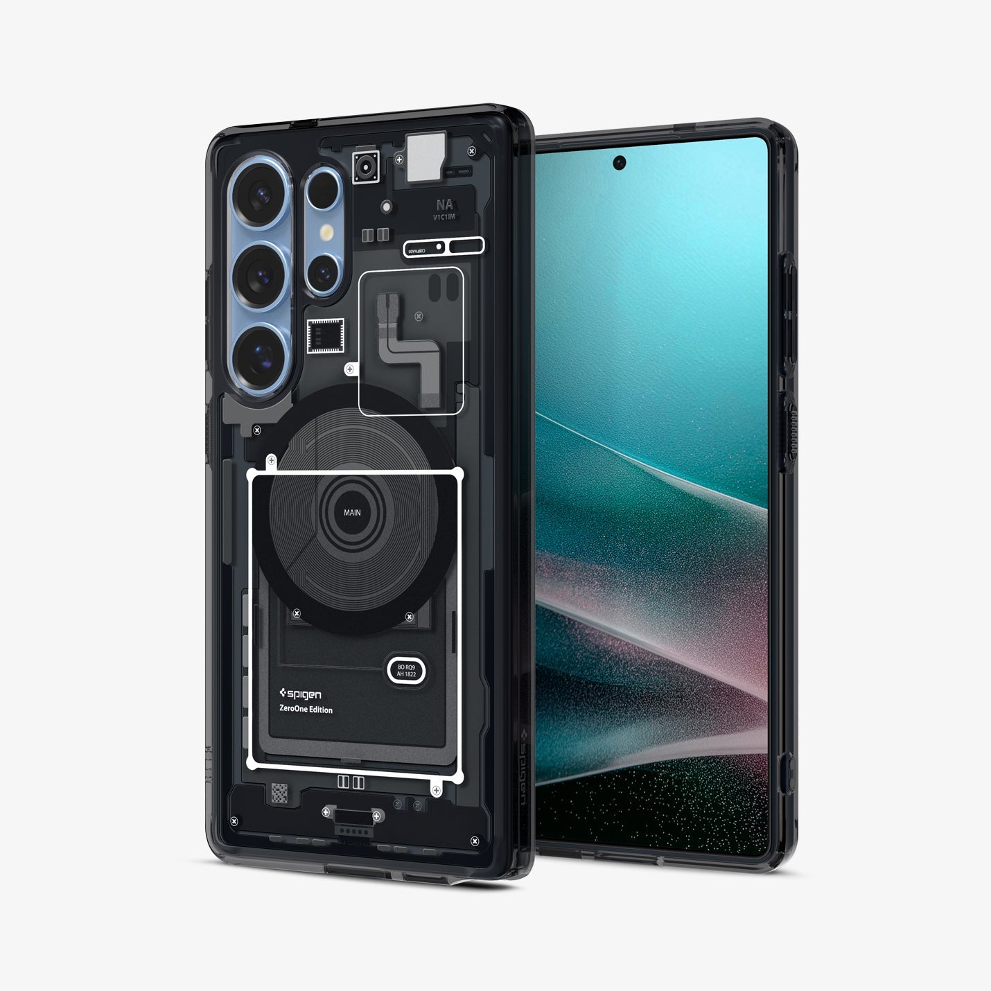 ACS08957 - Galaxy S25 Ultra Case Ultra Hybrid Metal Ring Zero One (MagFit) in Zero One Black showing the back, partial front and sides