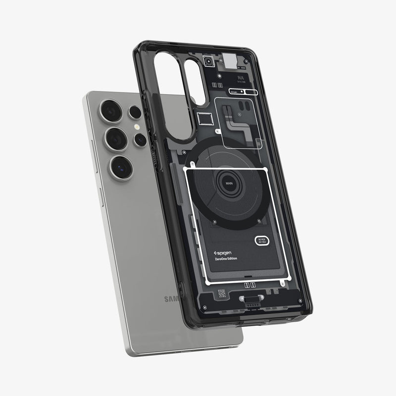 ACS08957 - Galaxy S25 Ultra Case Ultra Hybrid Metal Ring Zero One (MagFit) in Zero One Black showing the back of the case hovering above the device