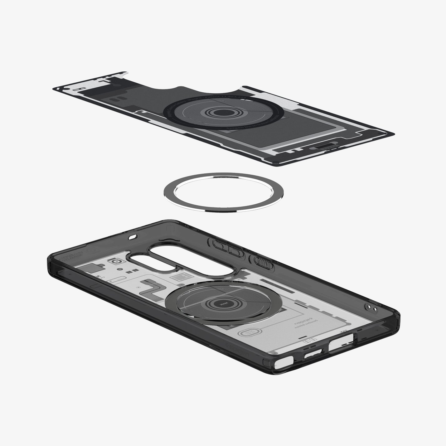 ACS08957 - Galaxy S25 Ultra Case Ultra Hybrid Metal Ring Zero One (MagFit) in Zero One Black showing the inner layer hovering above the magfit ring and the case