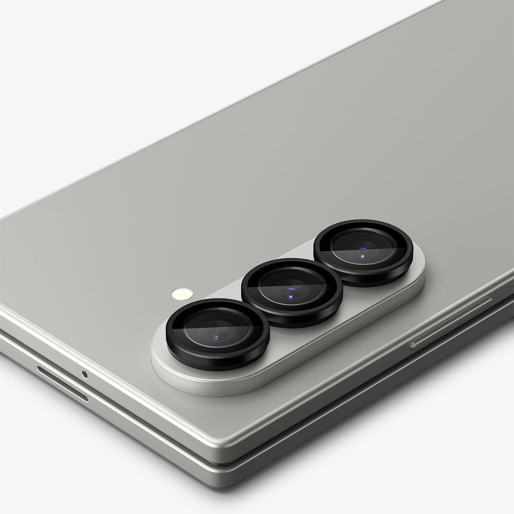 AGL09578 - Galaxy Z Fold 8 Ultra Optik Pro EZ Fit showing a close-up angled view of the Galaxy Z Fold 8 Ultra's triple camera lenses with the Optik Pro EZ Fit protector installed.