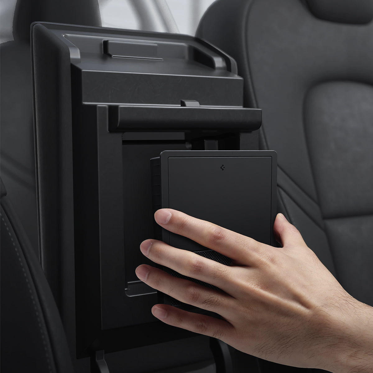 ACP04509 - Tesla Model Y & 3 - Center Console Hidden Storage Box showing a hand installing inside of car