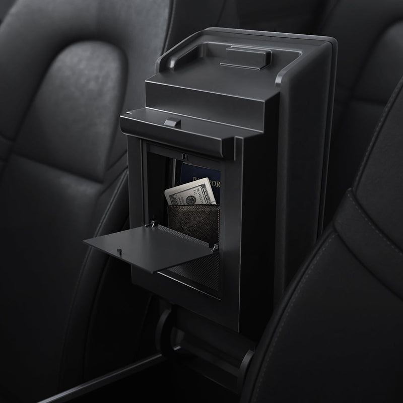 ACP04509 - Tesla Model Y & 3 - Center Console Hidden Storage Box showing box open with money inside