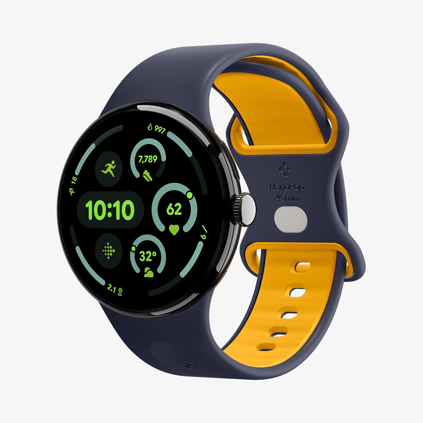 AMP09490 - Pixel Watch 5 (45mm) Nano Pop Blueberry Navy angled view highlighting the soft silicone construction and secure pin-and-tuck closure.
