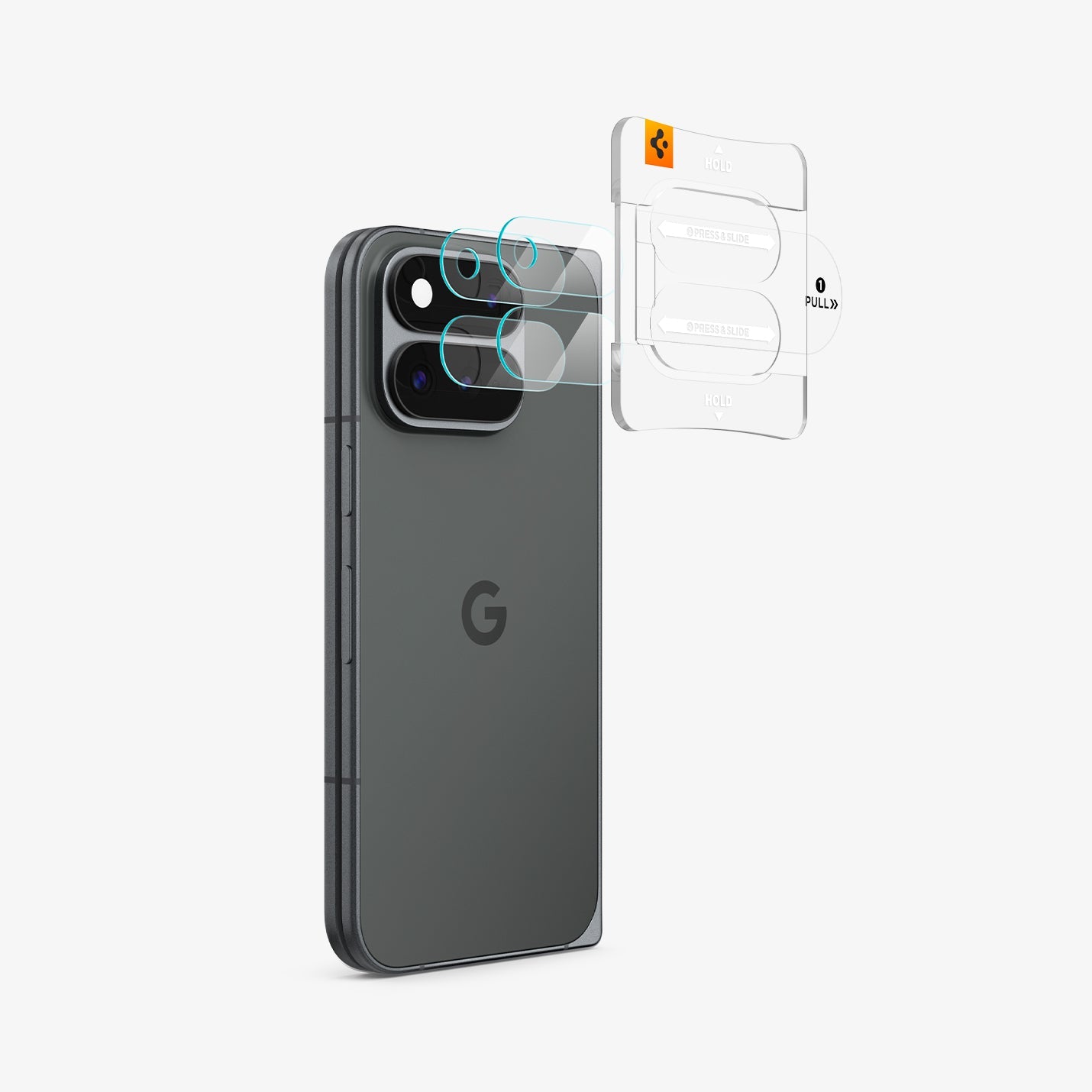 AGL11491 - Pixel 11 Pro Fold Optik EZ Fit Lens Protector lens protectors aligned with the camera lenses using the installation tray.