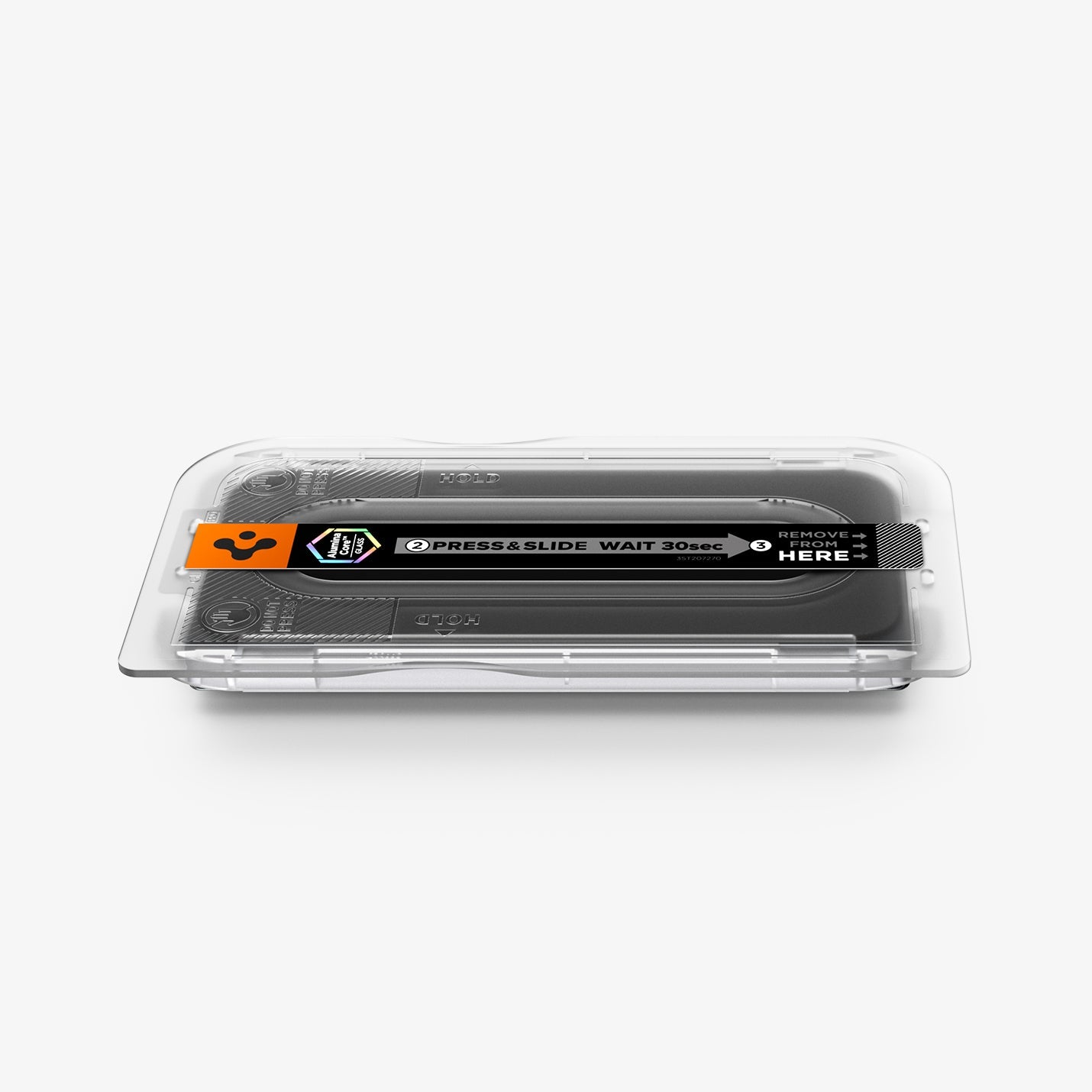 AGL11490 - Pixel 11 Pro Fold GLAS.tR EZ Fit Pro hand lowering the installation tray onto the phone with the dust removal tab extended for quick and precise screen protector installation.
