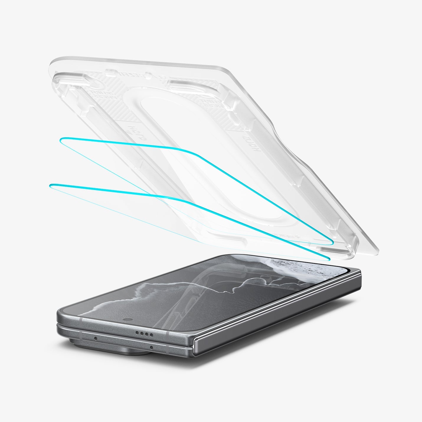 AGL11490 - Pixel 11 Pro Fold GLAS.tR EZ Fit Pro exploded view of the installation tray, screen protector, and phone showing the built-in alignment system for easy application.