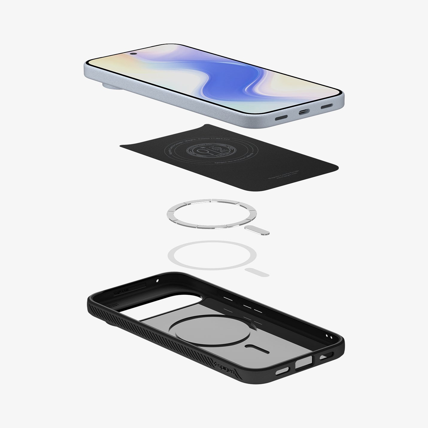 ACS09718 - GajPXL Case Liquid Air (MagFit) in matte black showing the multiple layers of case hovering below the device