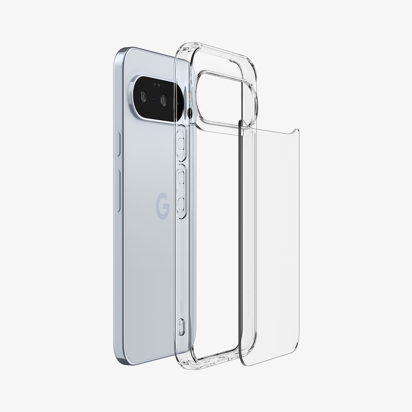 ACS09738 - GajPXL Case Ultra Hybrid in crystal clear showing the back with case hovering behind device