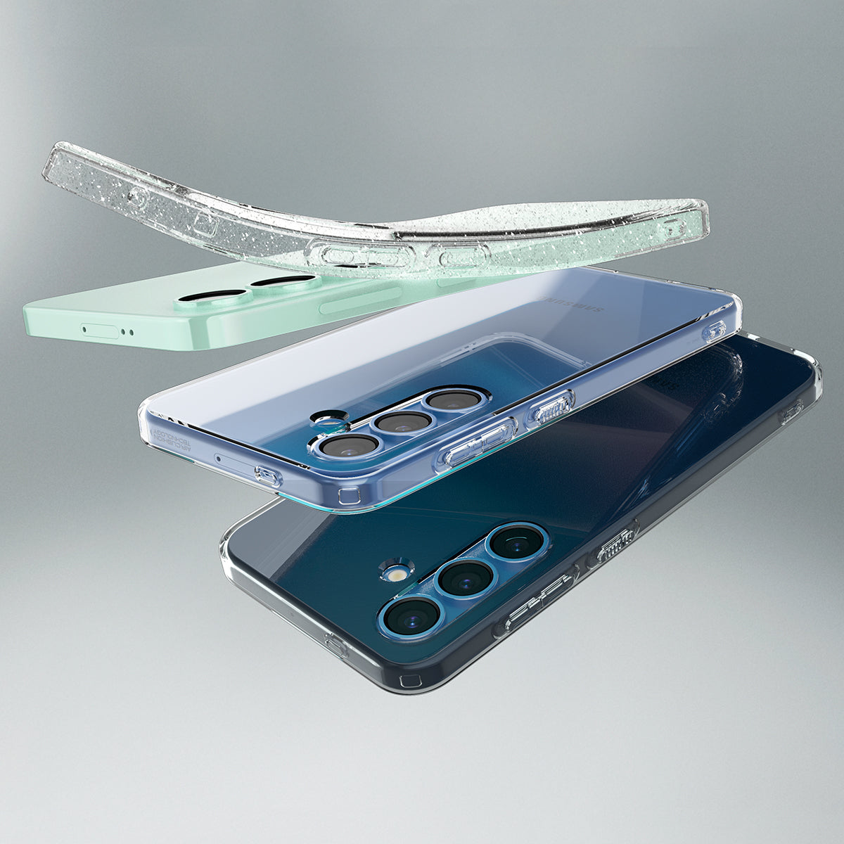 ACS08976 - Galaxy S25 Plus Case in Crystal Quartz showing the partial back, side and top in three different colors