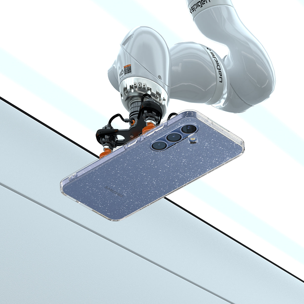 ACS08976 - Galaxy S25 Plus Case in Crystal Quartz showing the the back, partial side and top with a robot sitting on top of the case