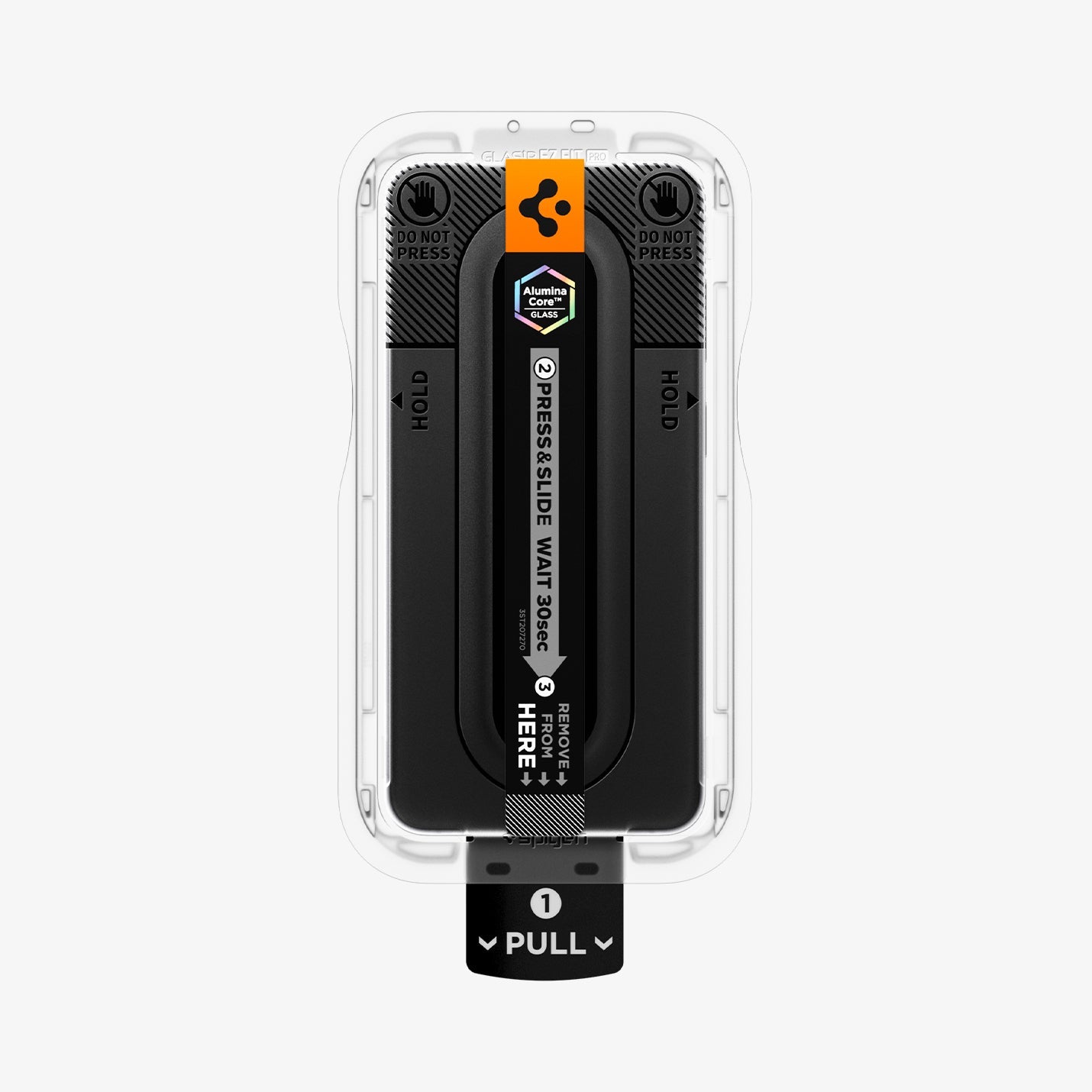 AGL11810 - Galaxy S26 FE GLAS.tR EZ Fit Pro showing GLAS.tR EZ Fit Pro installation tray with labeled pull, hold, press, and slide instructions