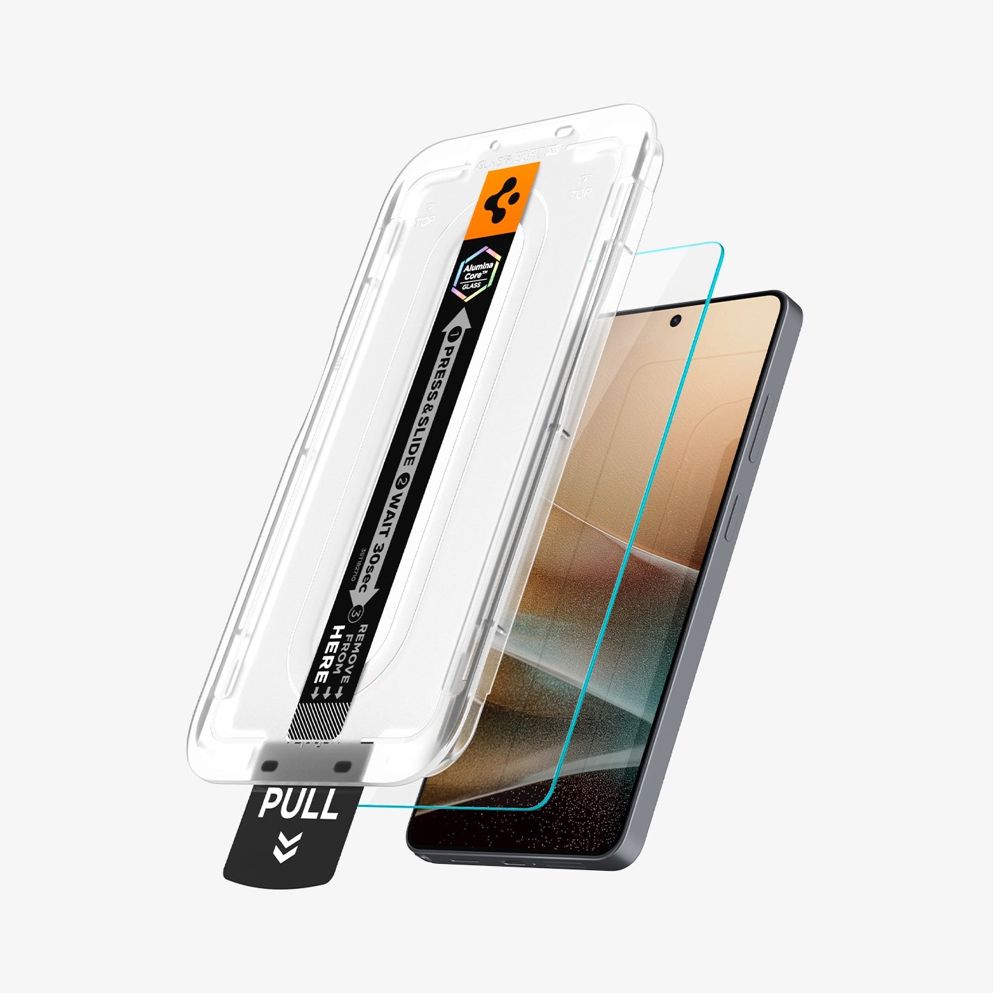 AGL11068 - Galaxy S26 Ultra GLAS.tR EZ Fit Pro showing the installation tray hovering above the screen protector and the device