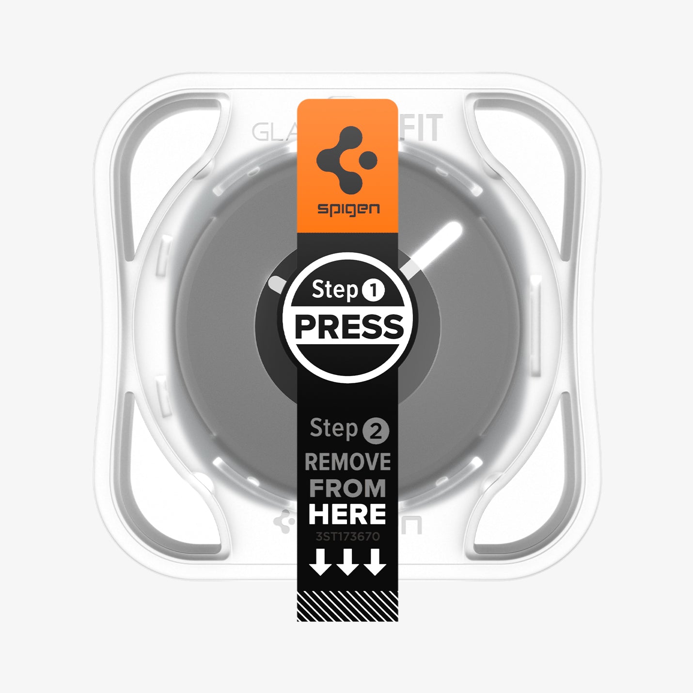 AGL09874 - Galaxy Watch 9 (40mm) GLAS.tR EZ Fit showing top-down view of Galaxy Watch 9 (40mm) EZ Fit applicator tray with Step 1 Press and Step 2 Remove instructions