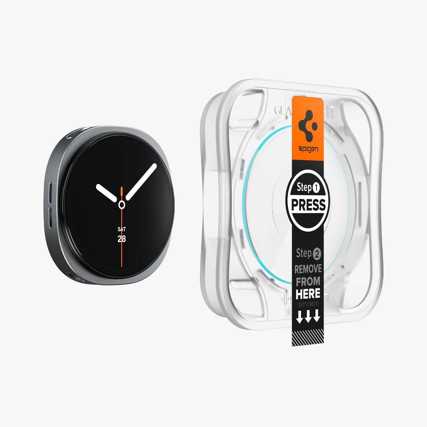 AGL09874 - Galaxy Watch 9 (40mm) GLAS.tR EZ Fit showing Galaxy Watch 9 (40mm) watch beside the EZ Fit applicator tray before glass installation