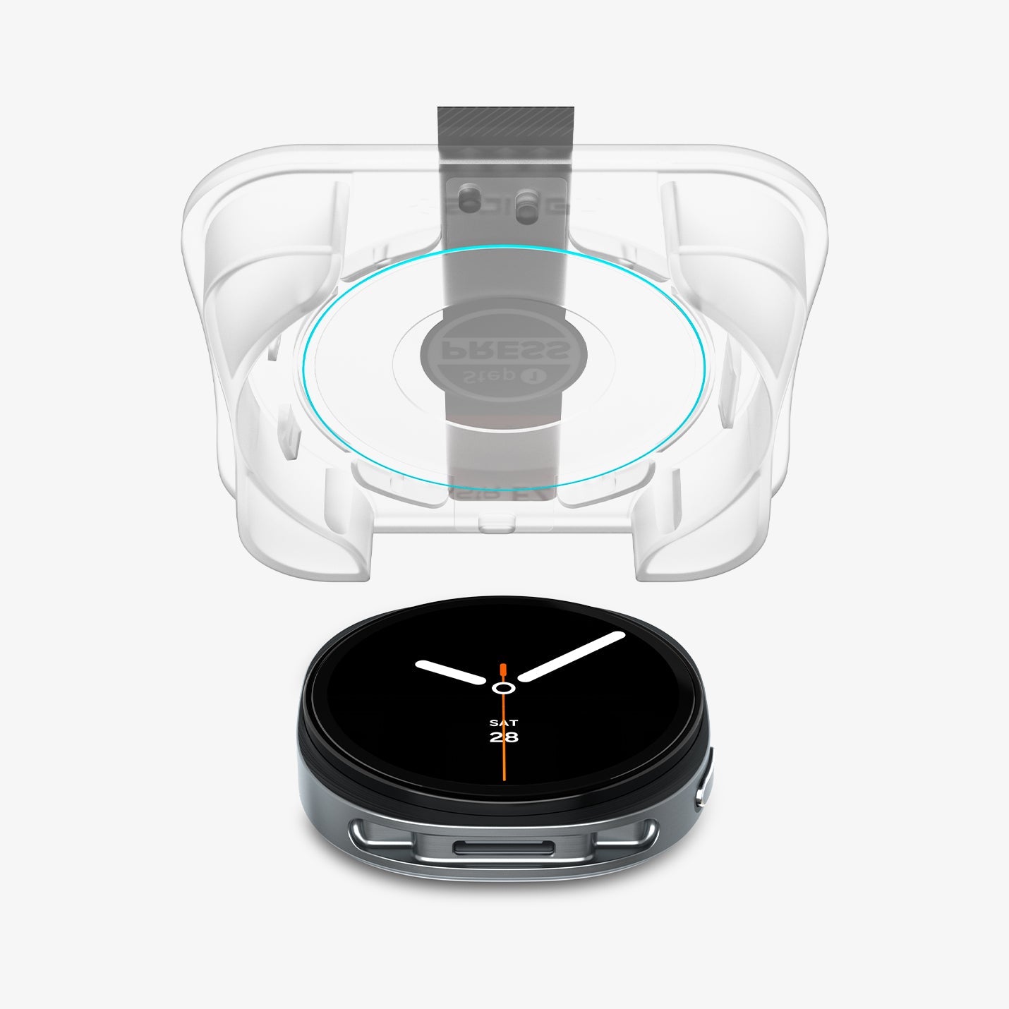 AGL09874 - Galaxy Watch 9 (40mm) GLAS.tR EZ Fit showing Galaxy Watch 9 (40mm) EZ Fit applicator tray aligned above the watch, showing alignment ring and mirrored steps