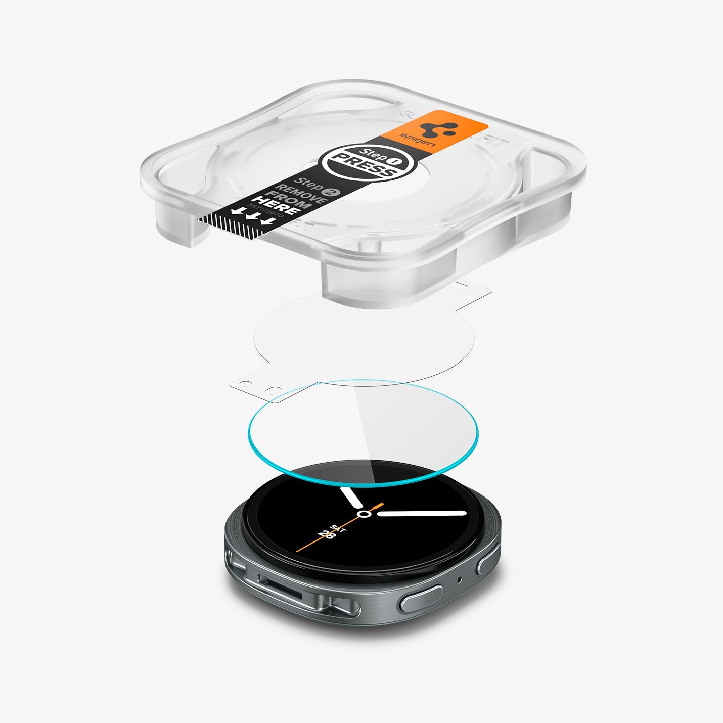 AGL09874 - Galaxy Watch 9 (40mm) GLAS.tR EZ Fit showing exploded view of Galaxy Watch 9 (40mm) EZ Fit applicator tray, glass layers, and watch below