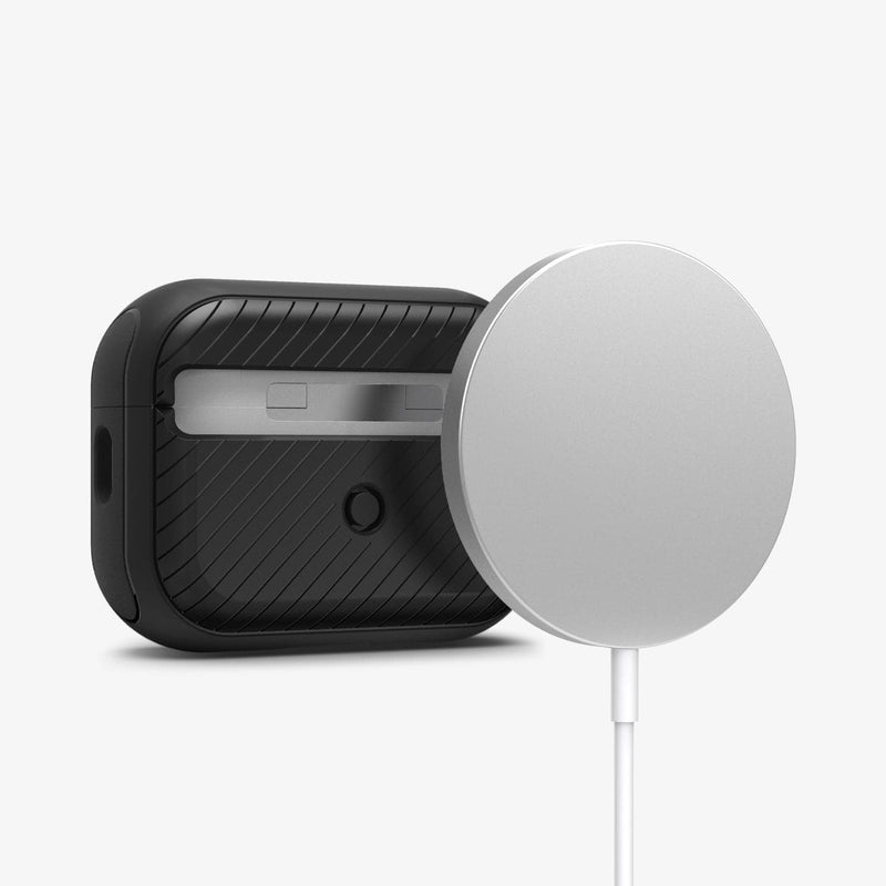 ACS05484 - Apple AirPods Pro 2 Case Mag Armor (MagFit) in matte black showing the back with magsafe charger hovering behind