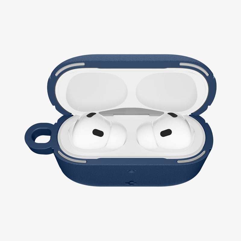 ACS09828 - AirPods Pro 3 Spigen Vault in Navy Blue showing the front with top open and AirPods inside