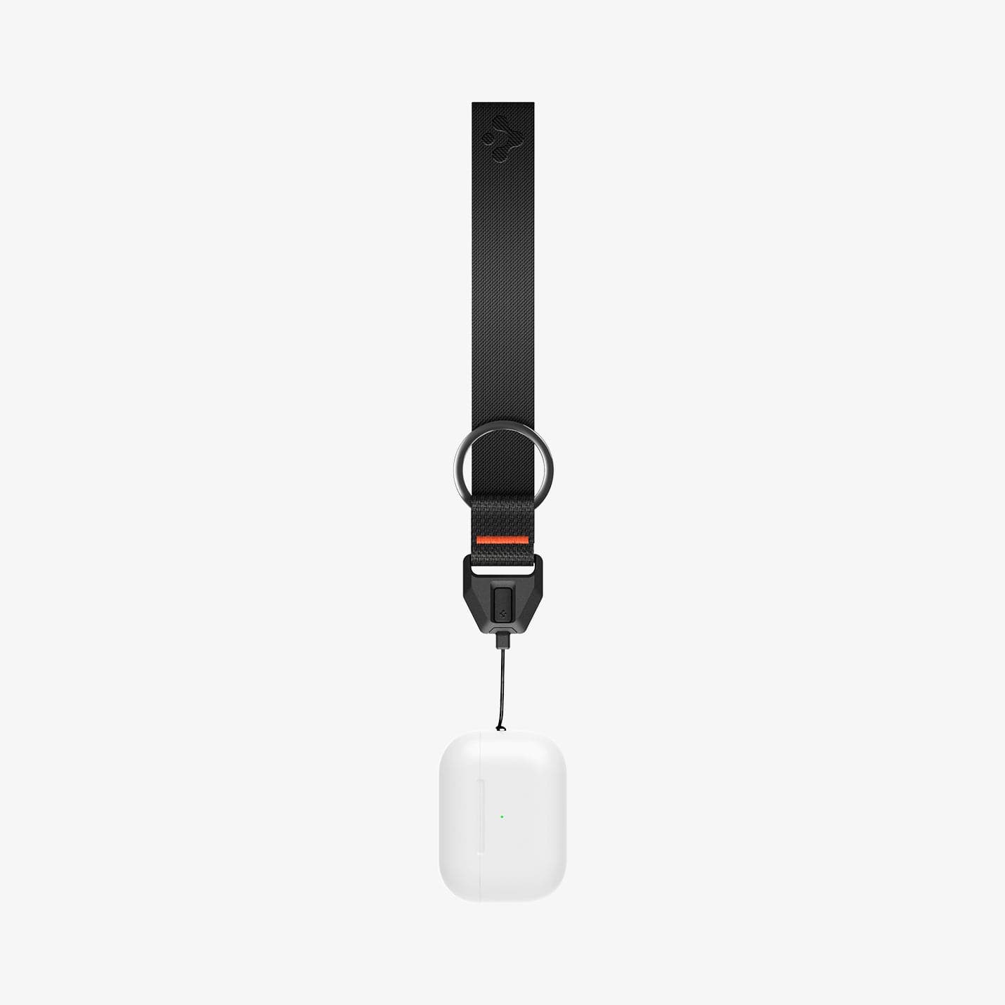 ASD05860 - AirPods Series Lanyard + Keychain in black showing the lanyard attached to AirPods