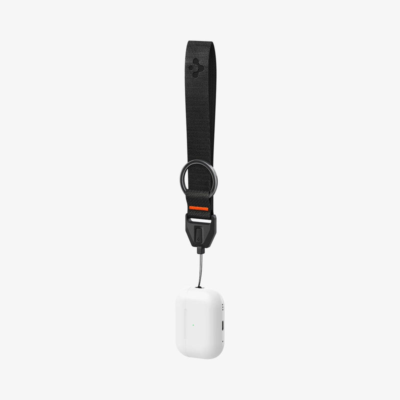 ASD05860 - AirPods Series Lanyard + Keychain in black showing the lanyard attached to AirPods