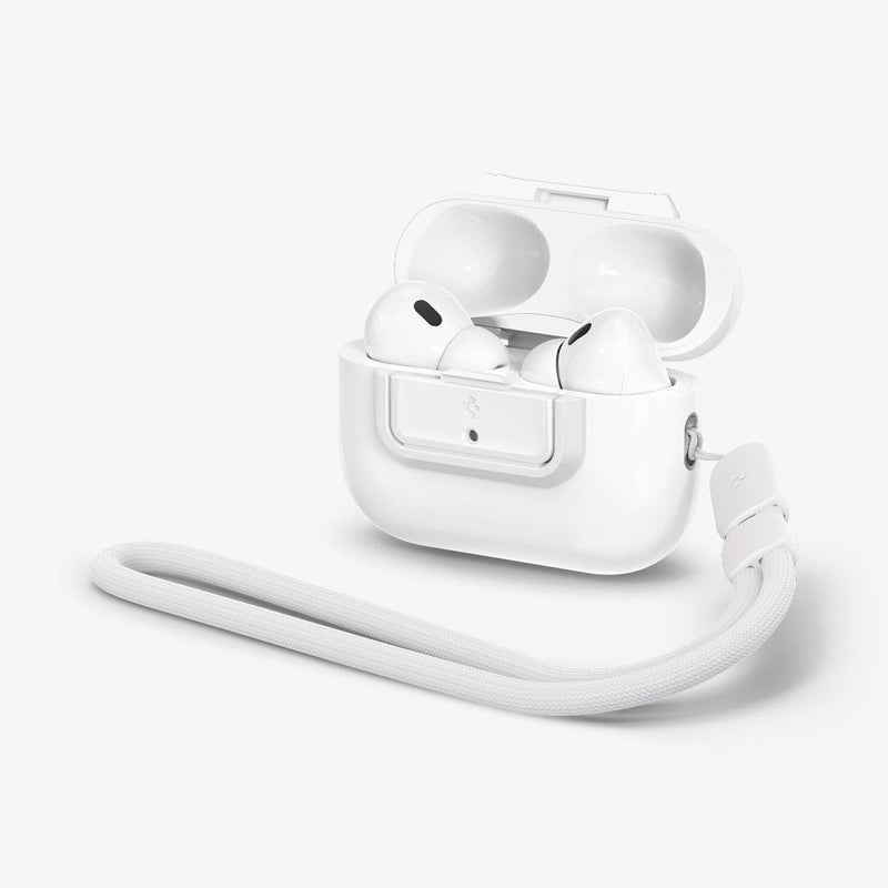 ASD06090 - Apple AirPods Pro / AirPods Pro 2 Case Lock Fit in white showing the front and side with lanyard attached and top open with AirPods inside