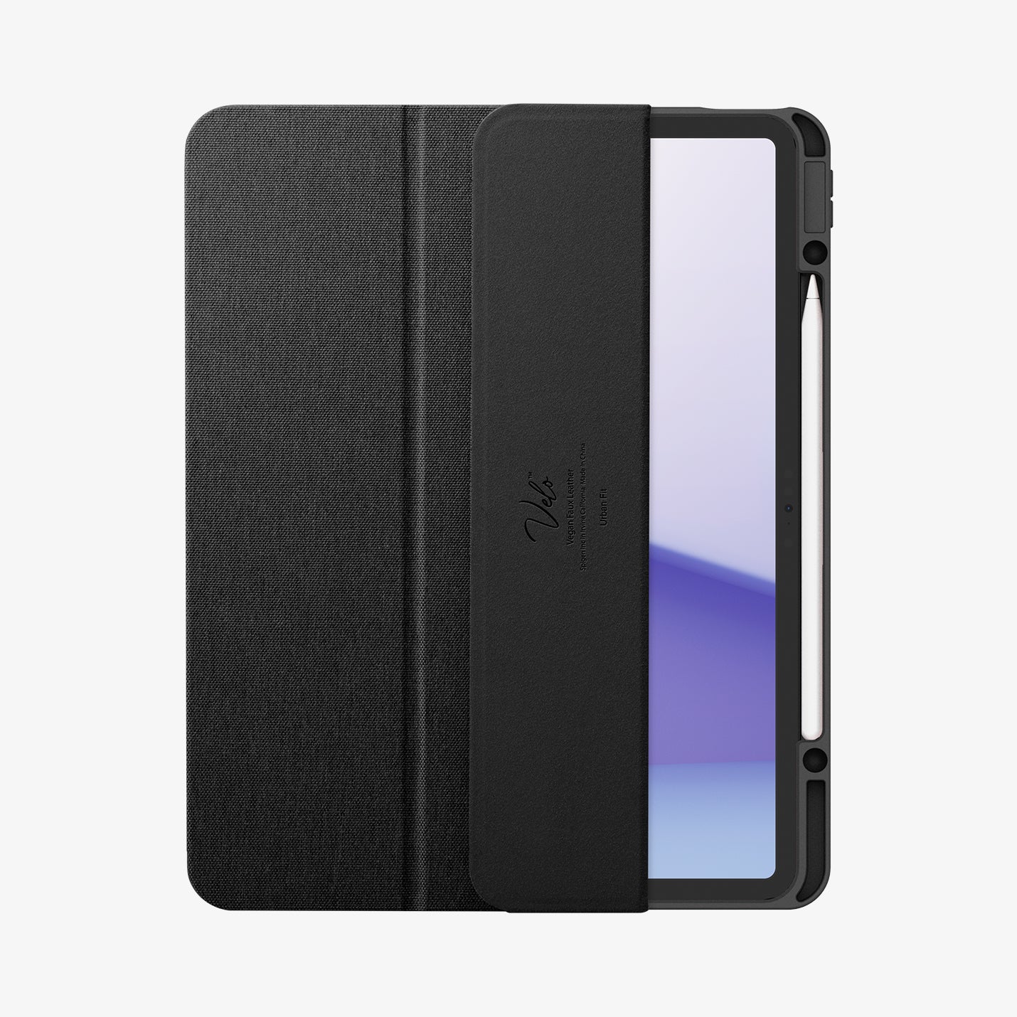 ACS07671 - iPad Air 12.9-inch Case Urban Fit in Black showing the front, partially open with stylus pen