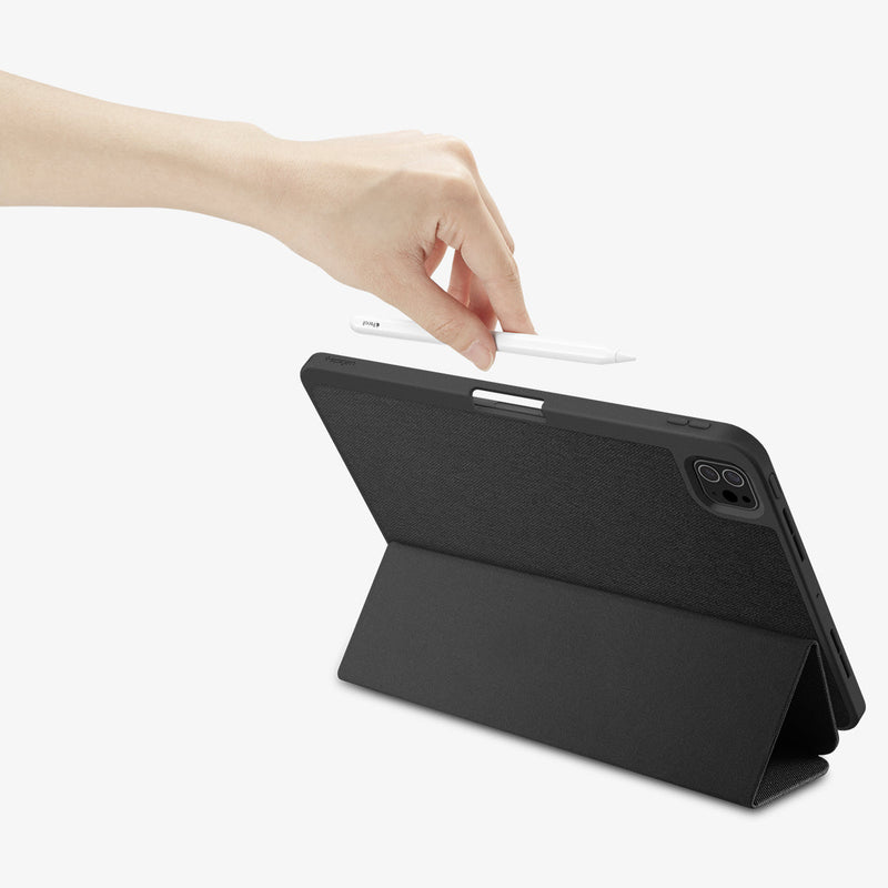 ACS07020 - iPad Pro 11-inch Case Urban Fit in Black showing the back, with a folded front cover propped up as a stand while a hand holding a stylus pen