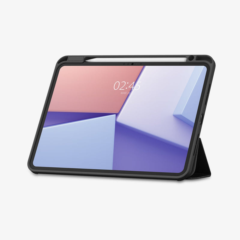 ACS07020 - iPad Pro 11-inch Case Urban Fit in Black showing the front with stylus pen attached, and partial folded front cover propped up as a stand