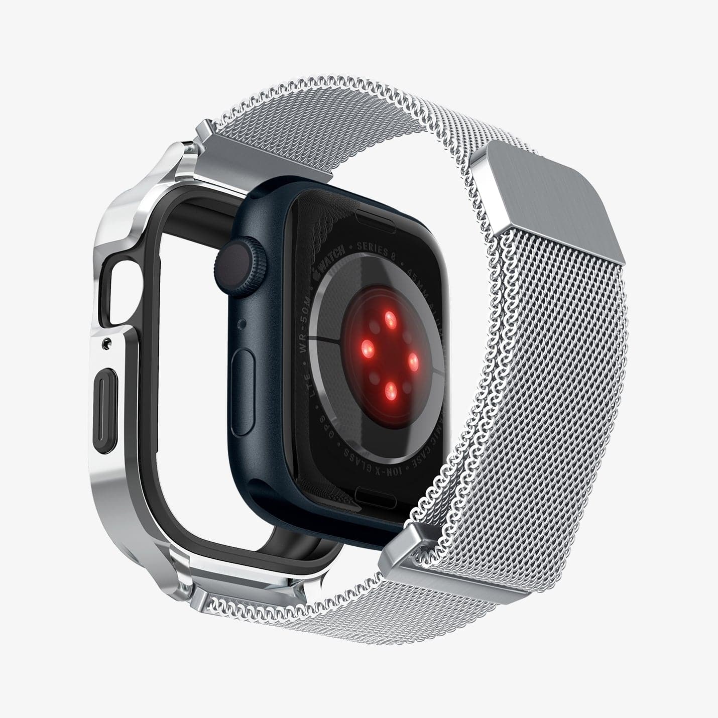 ACS04584 - Apple Watch Series (Apple Watch (45mm)) Case Metal Fit Pro in silver showing the back with watch face hovering away from band