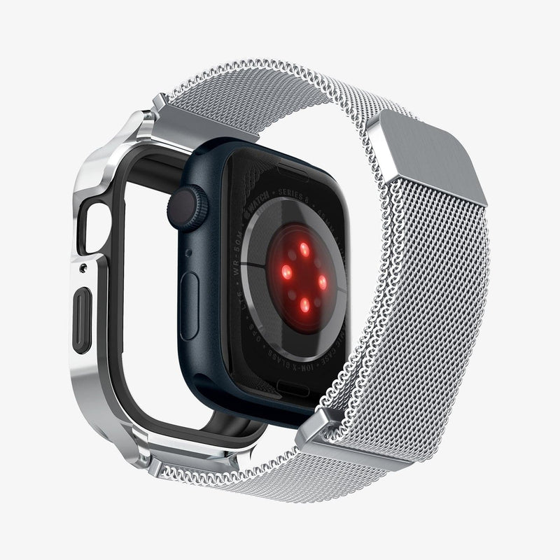 ACS04584 - Apple Watch Series (Apple Watch (45mm)) Case Metal Fit Pro in silver showing the back with watch face hovering away from band