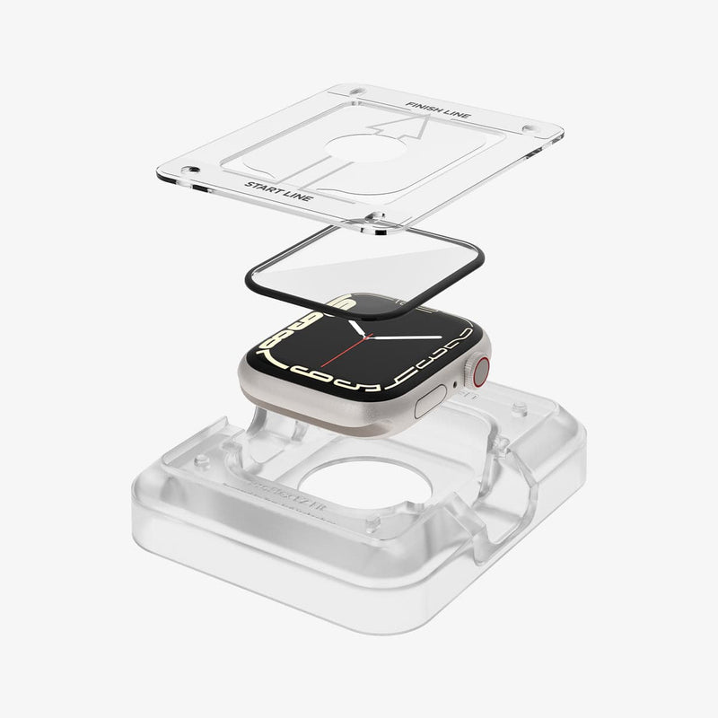 AFL04051- Apple Watch Series (45mm) Screen Protector ProFlex EZ Fit showing the ez fit tray, watch face and screen protector