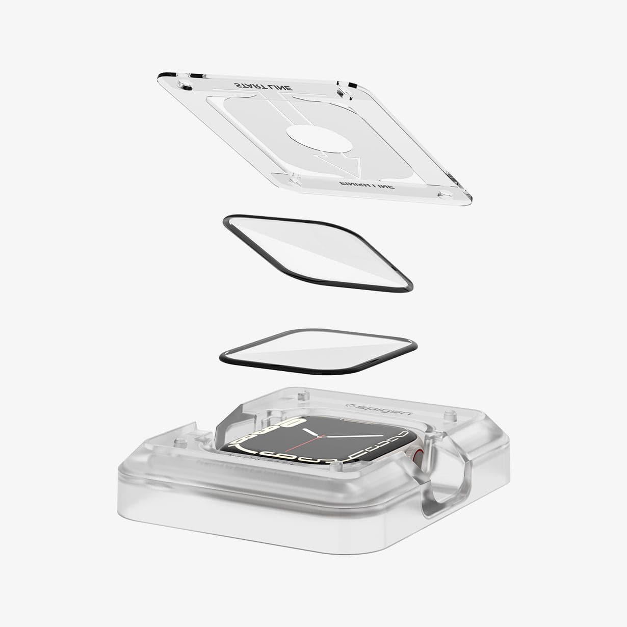 AFL04051- Apple Watch Series (45mm) Screen Protector ProFlex EZ Fit showing two screen protectors hovering above the watch face installed in ez fit tray