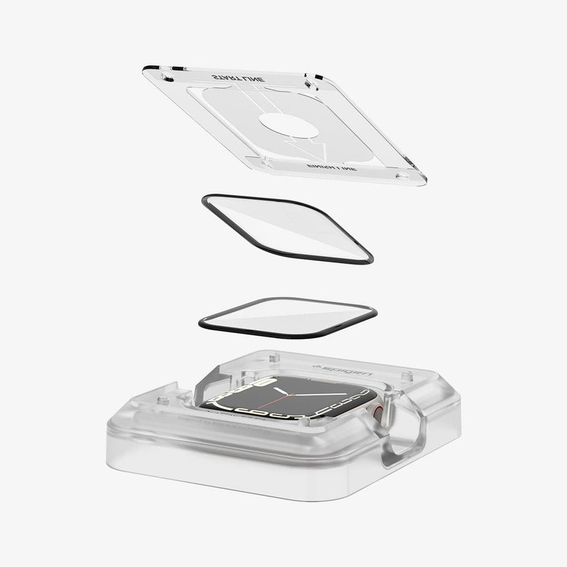 AFL04051- Apple Watch Series (45mm) Screen Protector ProFlex EZ Fit showing two screen protectors hovering above the watch face installed in ez fit tray