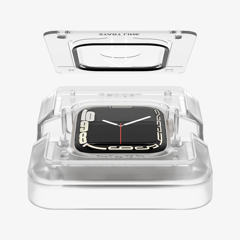 AFL04051- Apple Watch Series (45mm) Screen Protector ProFlex EZ Fit showing the watch face installed in ez fit tray and screen protector hovering above