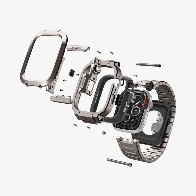 ACS07660 - Apple Watch (45mm) Case Metal Armor Pro in Gunmetal showing the watch head detached from its parts hovering above the apple watch case