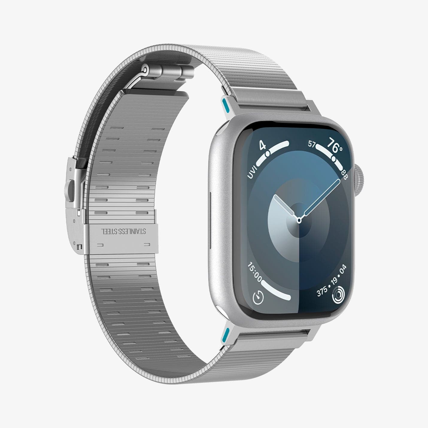 AMP07224 - Apple Watch (41mm) Sleek Link in Silver showing the front, partial side and partial inner part of the strap