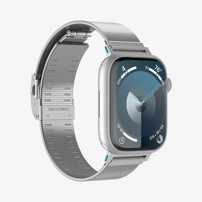 AMP07224 - Apple Watch (41mm) Sleek Link in Silver showing the front, partial side and partial inner part of the strap
