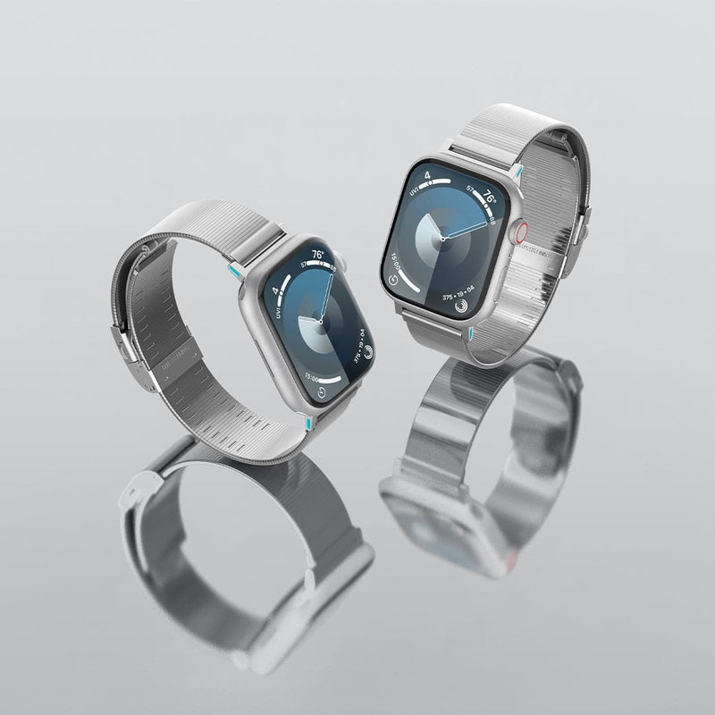 AMP07224 - Apple Watch (41mm) Sleek Link in Silver showing the front and sides of 2 watches facing each other