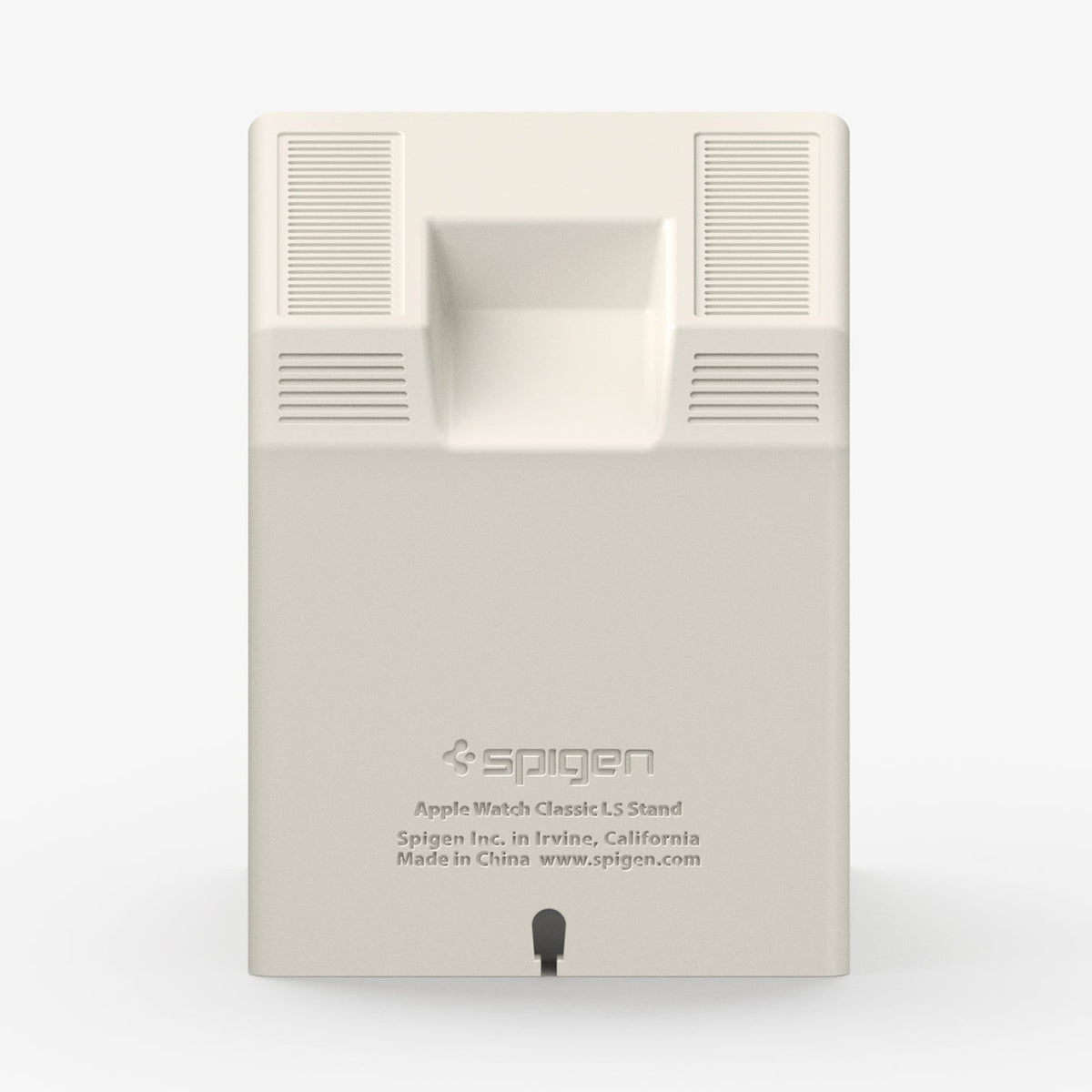 AMP11668 - Apple Watch Classic LS Charger Stand rear view shows the recessed band area, vent details, branding, and charging cable opening.