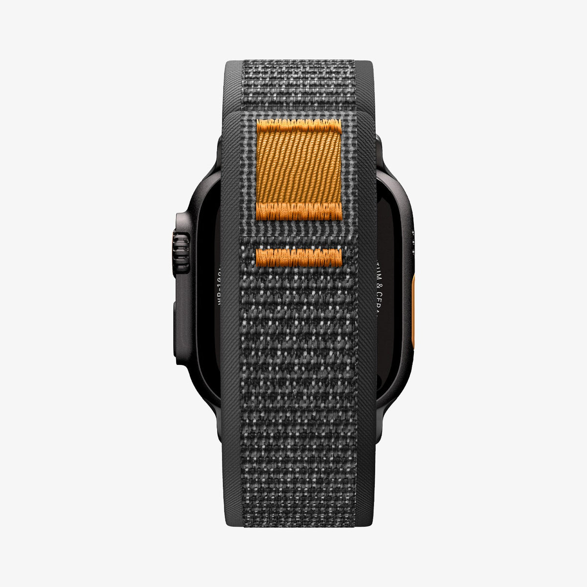 AMP10607 - Apple Watch Ultra Athlex Air 2 band black orange showing rear strap view with centered woven nylon band covering the back of the Apple Watch Ultra highlighting reinforced stitching and textured fabric design