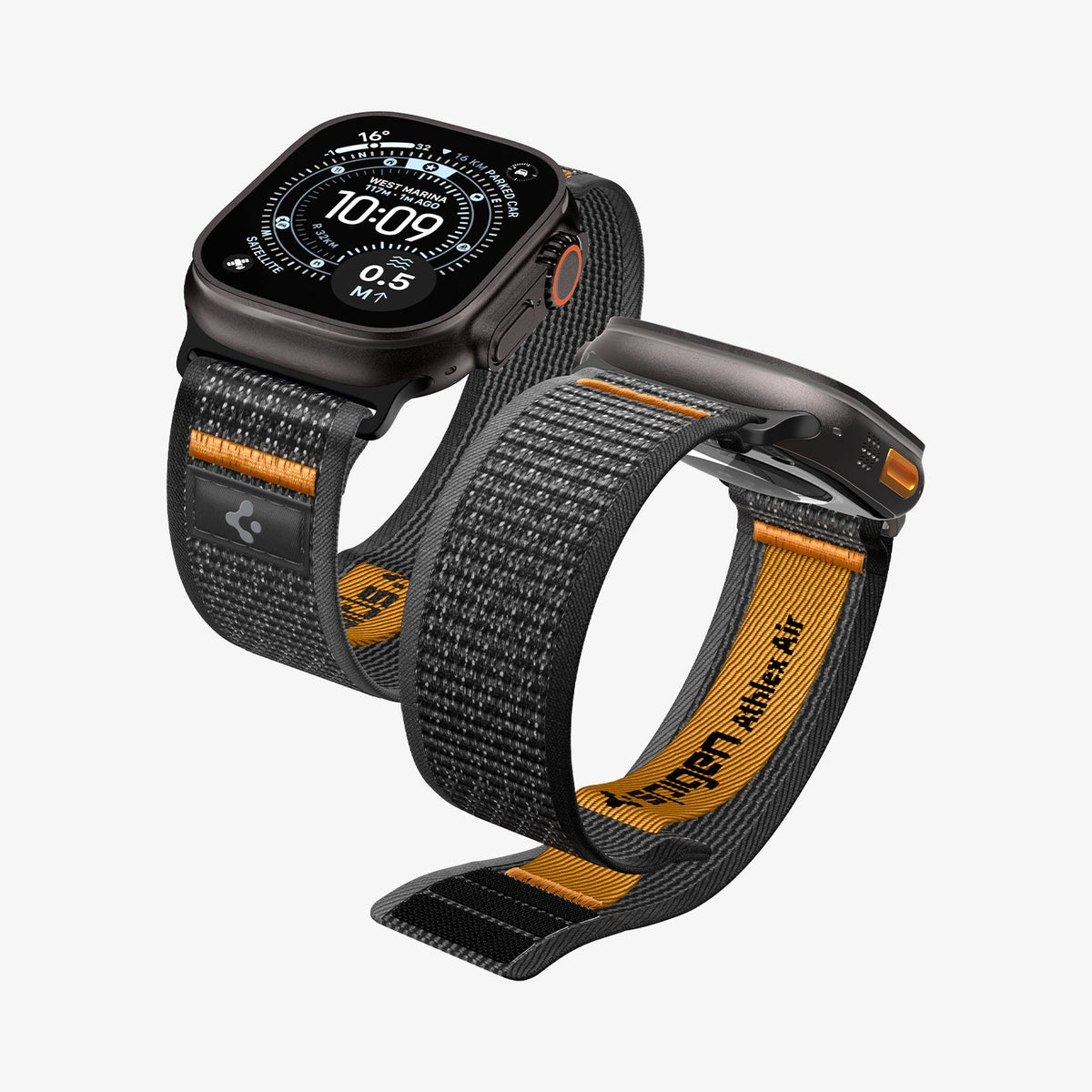 AMP10607 - Apple Watch Ultra Athlex Air 2 band black orange showing angled view with adjustable woven strap and Apple Watch Ultra rugged case