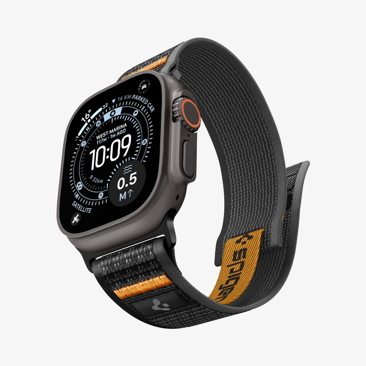 AMP10607 - Apple Watch Ultra Athlex Air 2 band black orange showing side angled view with Apple Watch Ultra attached highlighting textured woven strap inner lining and adjustable hook and loop closure