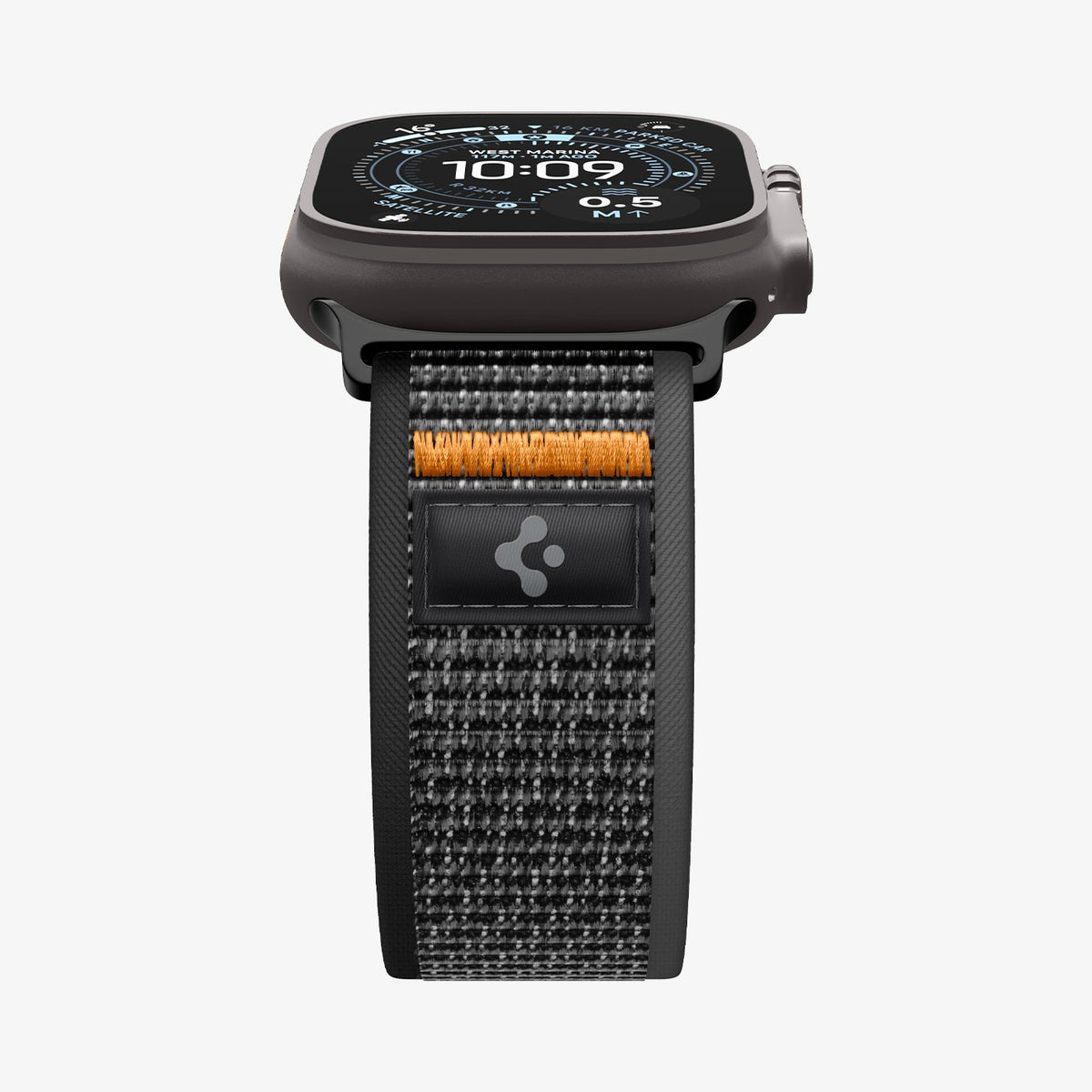 AMP10607 - Apple Watch Ultra Athlex Air 2 band black orange showing front strap close up with Apple Watch Ultra attached highlighting woven texture Spigen logo patch and secure attachment under the watch case