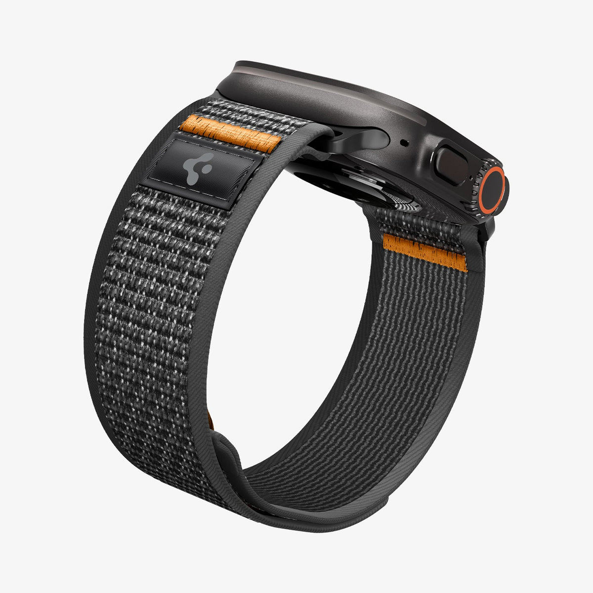 AMP10607 - Apple Watch Ultra Athlex Air 2 band black orange showing rear angled view highlighting woven fabric texture and loop closure near the watch case