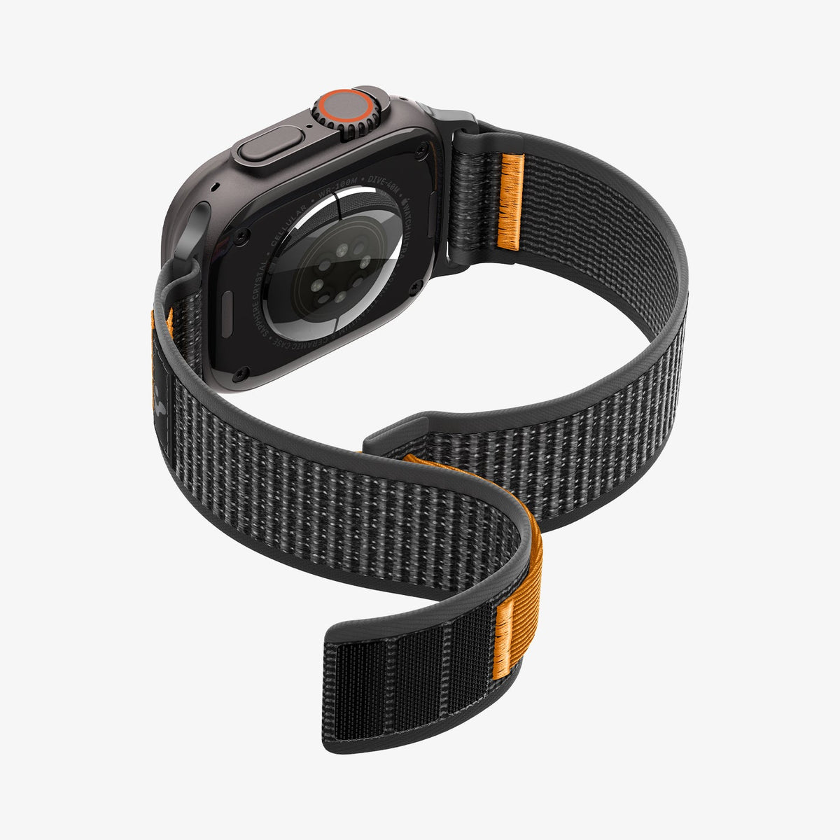 AMP10607 - Apple Watch Ultra Athlex Air 2 band black orange showing rear angled view with watch back sensors and textured woven strap partially unfastened 