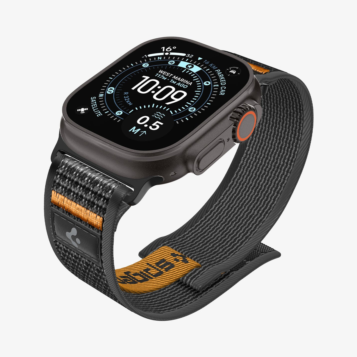 AMP10607 - Apple Watch Ultra Athlex Air 2 band black orange showing front angled view with watch display on highlighting woven fabric strap texture and secure loop fit
