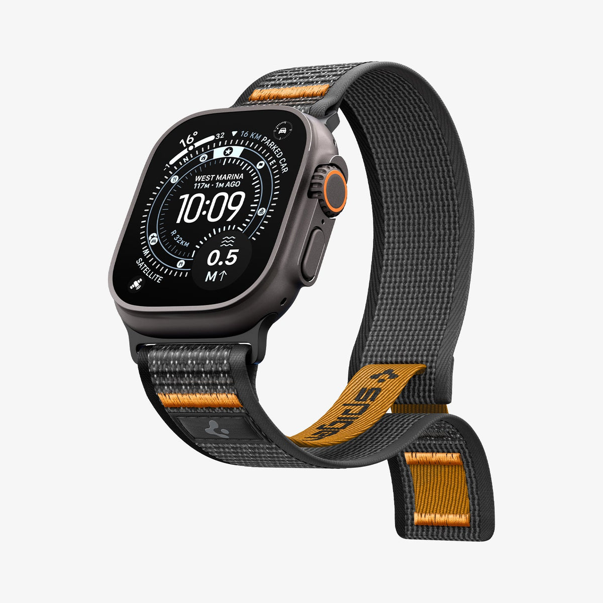 AMP10607 - Apple Watch Ultra Athlex Air 2 band black orange showing front angled view with active watch face and breathable woven strap design