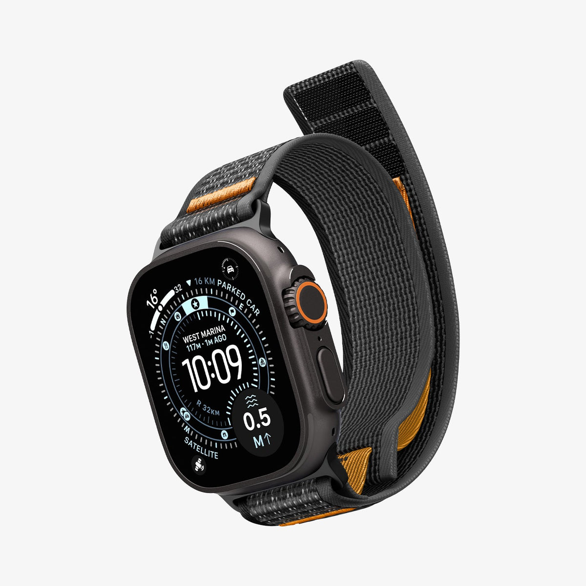 AMP10607 - Apple Watch Ultra Athlex Air 2 band black orange showing angled side view with raised loop strap and rugged woven texture
